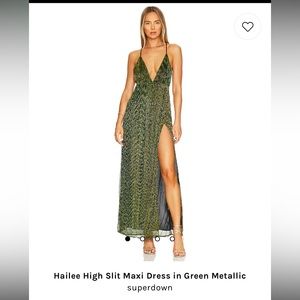 Super down Hailee High Slit Maxi Dress in Green Metallic